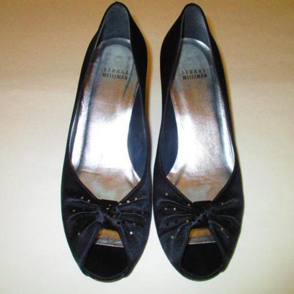 **Stuart Weitzman Black Peau De Soie Peep Toe Tonal Rhinestone Accent Pumps - Picture 6 of 7